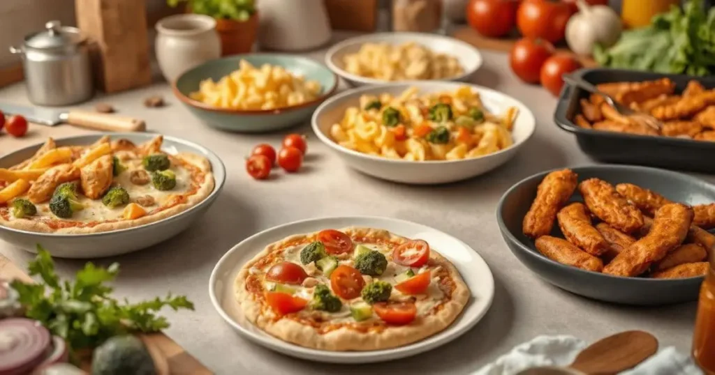  A dinner table with kid-friendly pasta, veggies, and chicken dishes, surrounded by colorful plates and utensils in a warm kitchen.