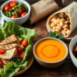 A vibrant gluten-free lunch spread with quinoa salad, lettuce wraps, butternut squash soup, and fruit salad on a wooden table.