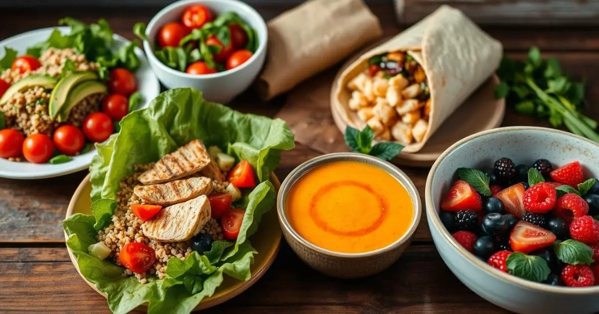 A vibrant gluten-free lunch spread with quinoa salad, lettuce wraps, butternut squash soup, and fruit salad on a wooden table.