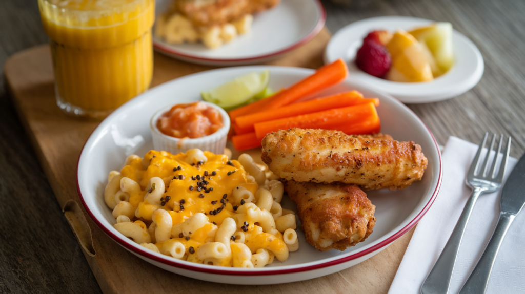  A plate with mac and cheese, chicken tenders, carrot sticks, and fruit, served on a rustic wooden table.