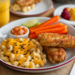 A plate with mac and cheese, chicken tenders, carrot sticks, and fruit, served on a rustic wooden table. easy dinner ideas for picky eaters