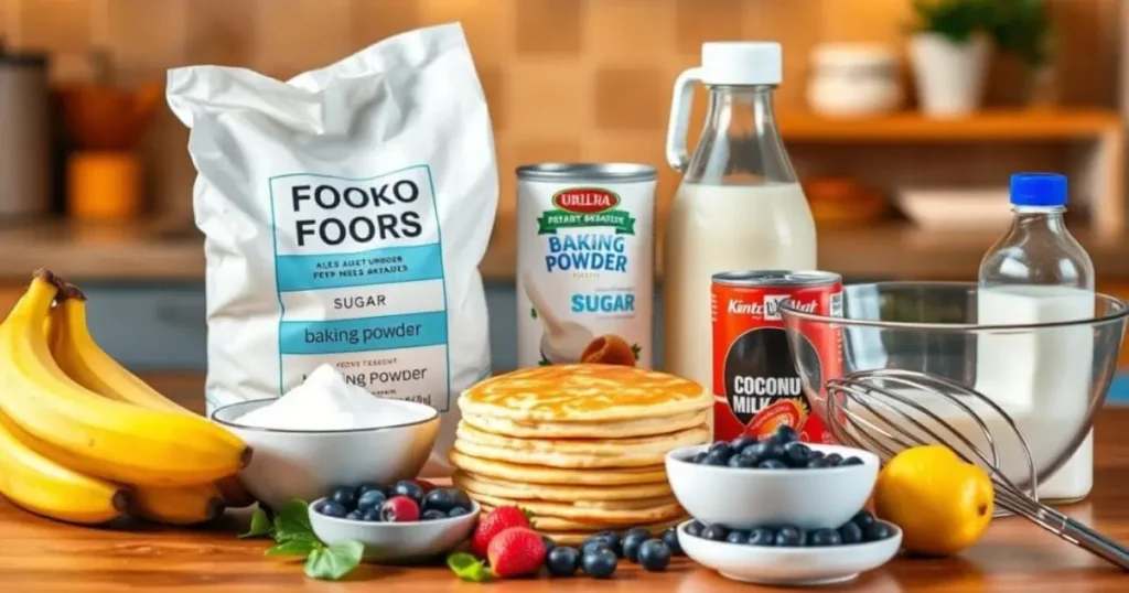 A well-lit kitchen countertop displaying ingredients for eggless pancakes, including flour, baking powder, sugar, milk, coconut milk, vanilla extract, fresh bananas, blueberries, a whisk, and a mixing bowl.