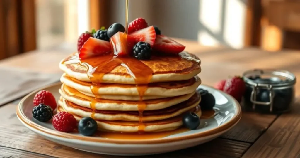 A kitchen countertop with ingredients for eggless pancakes, including flour, baking powder, sugar, milk, coconut milk, vanilla extract, fruits, a whisk, and a mixing bowl.