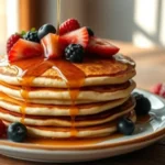 A kitchen countertop with ingredients for pancakes without eggs , including flour, baking powder, sugar, milk, coconut milk, vanilla extract, fruits, a whisk, and a mixing bowl.