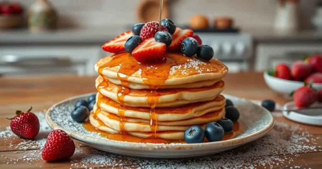 A stack of fluffy eggless pancakes on a wooden table, topped with fresh strawberries, blueberries, maple syrup, and powdered sugar, with a cozy kitchen backdrop.