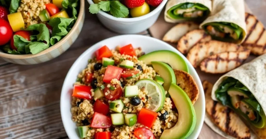 A colorful gluten-free lunch spread with quinoa salad, grilled chicken, fresh fruit, and spinach wraps on a wooden table.