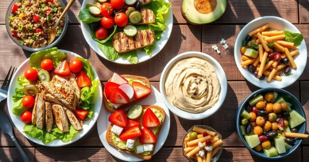 A vibrant gluten-free lunch spread with quinoa salad, grilled chicken, avocado toast, and fruit skewers on a rustic wooden table.