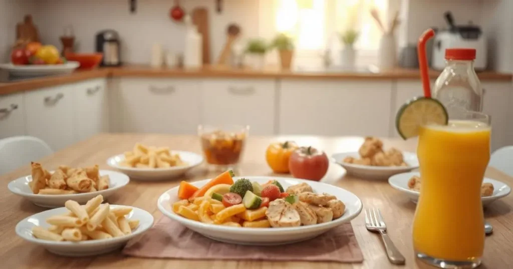 A kitchen counter with plates of mini pizzas, mac and cheese, chicken tenders, and sweet potato fries, surrounded by ingredients and utensils.