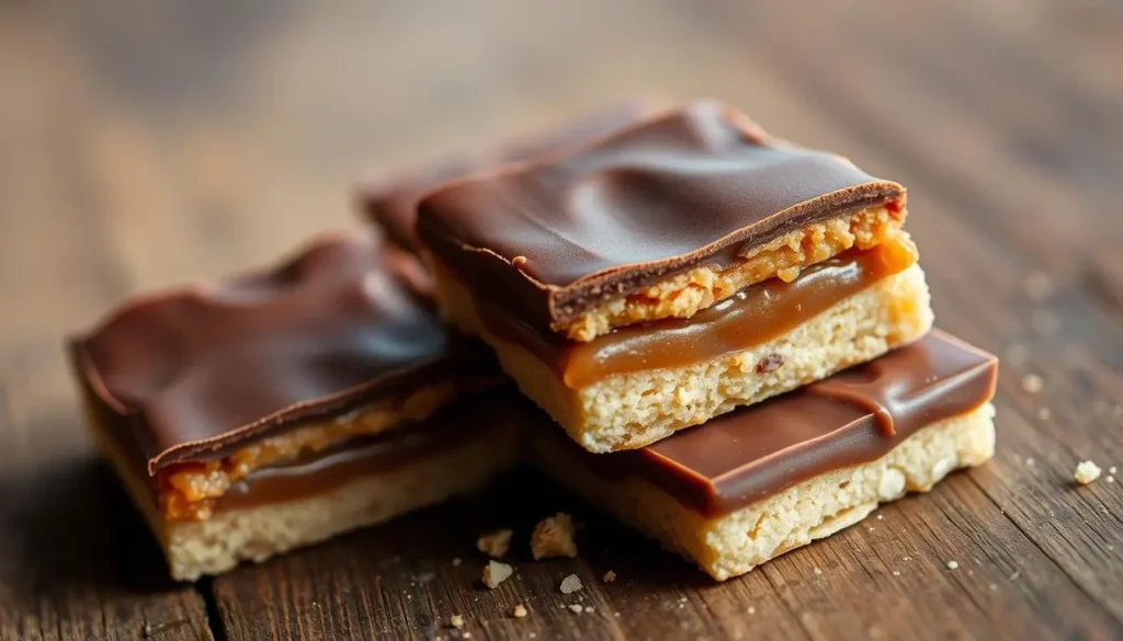 Easy Homemade Twix Bars: Better Than Store-Bought 2 Close-up of stacked Twix Bars showcasing caramel oozing between shortbread and chocolate layers.
