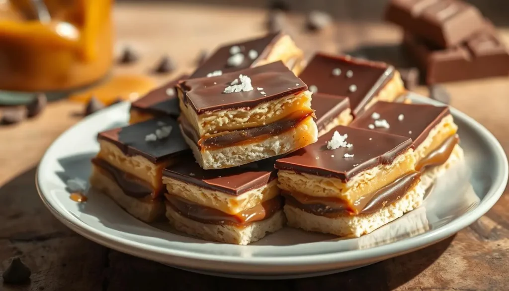 Easy Homemade Twix Bars: Better Than Store-Bought 3 Stacked Twix Bars with caramel and chocolate layers set on a rustic wooden surface.
