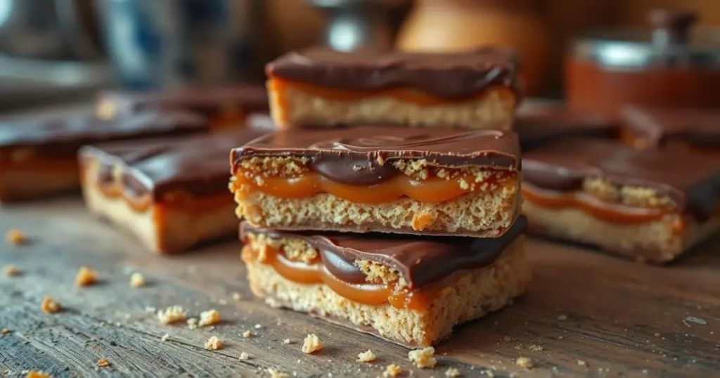 Easy Homemade Twix Bars: Better Than Store-Bought 1 Homemade Twix bars stacked on a wooden surface, with layers of caramel and chocolate, surrounded by crumbs and additional bars, and a blurred background featuring a teapot and pots.