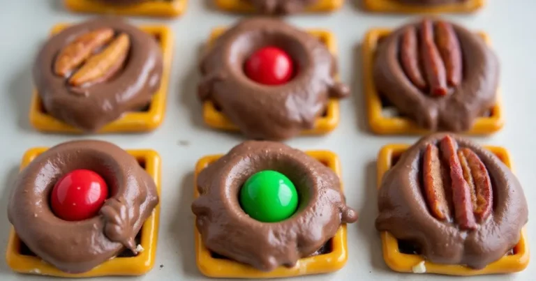 Delicious Rollo Pretzel Treats: Easy Sweet & Salty Snacks 1 Close-up of rollo pretzel treats topped with red and green candies and pecans on a baking sheet.