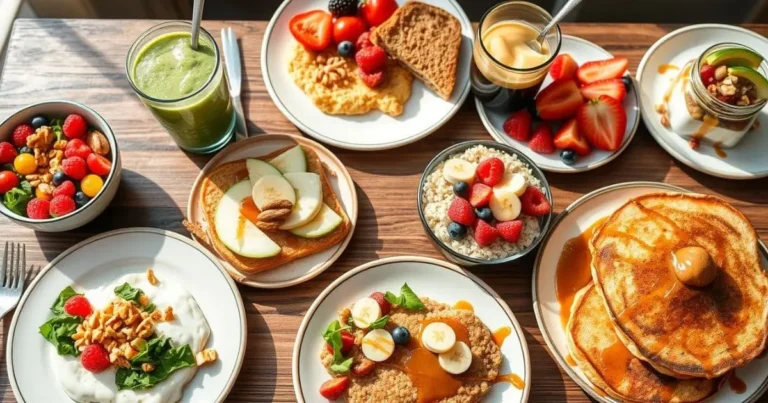 Top 7 Weight Watchers Breakfasts For Energy 1 A variety of healthy breakfast foods laid out on a wooden table, including a green smoothie, oatmeal with fruit, toast, and other items.