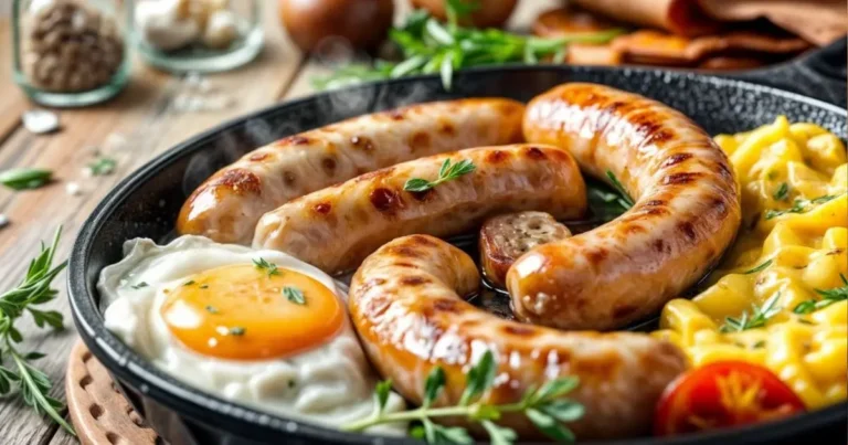 A platter of homemade breakfast sausage sizzling in a cast-iron skillet, with scrambled eggs, crispy bacon, and fresh herbs on a rustic kitchen table.