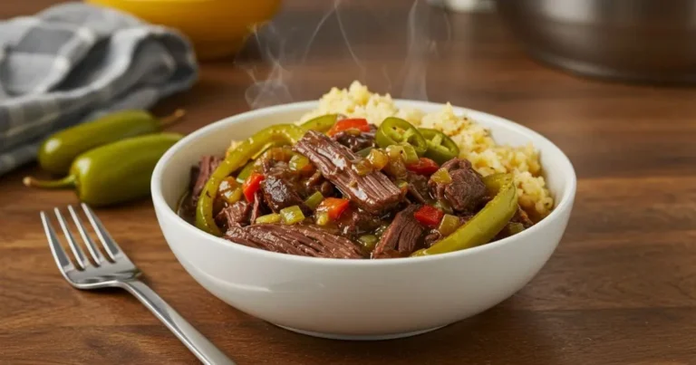 3 Secrets To Perfect Instant Pot Mississippi Pot Roast! 1 Instant Pot Mississippi pot roast with colorful vegetables, including carrots and potatoes, surrounded by savory gravy, on a rustic kitchen counter.