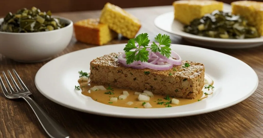 Eating Liver Pudding: 7 Amazing Benefits You Didn’t Know 1 A plated serving of liver pudding with parsley garnish, collard greens, and cornbread on a rustic wooden table.