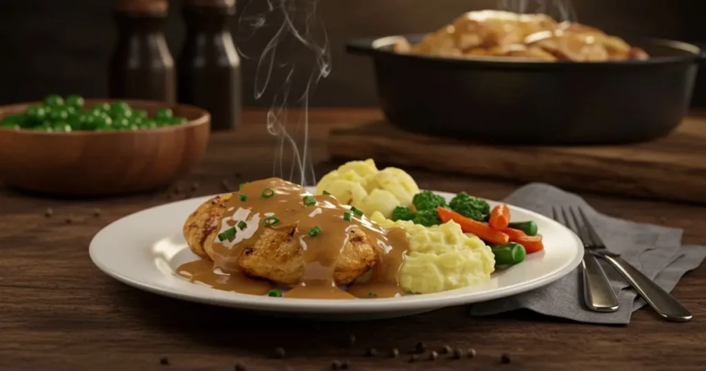 3 Irresistible Chicken and Gravy Recipes to Try Now! 1 A comforting plate of chicken and gravy with mashed potatoes, set in a cozy kitchen with rustic decor.