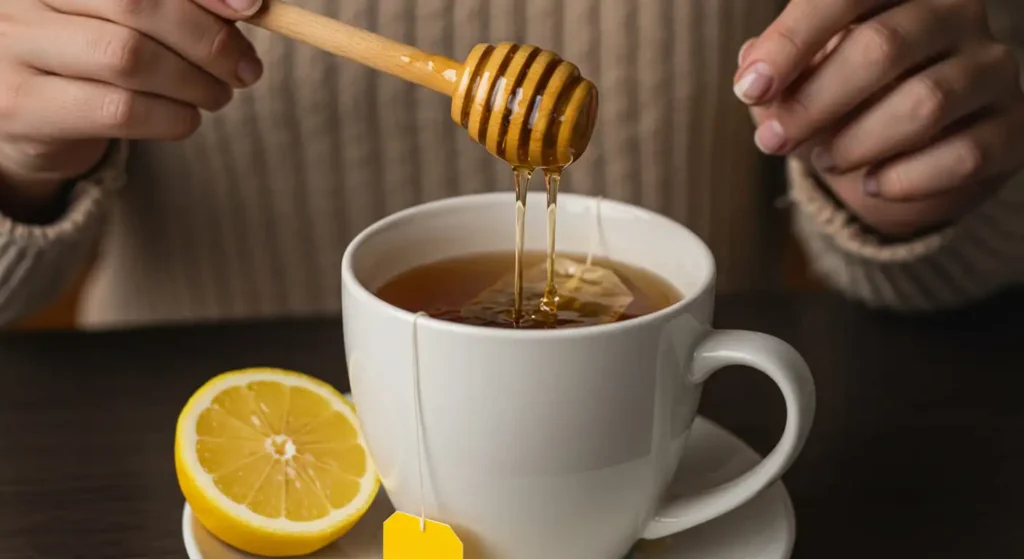 Best Starbucks Medicine Ball Recipe: 3 Easy Steps! 3 A person preparing Starbucks Medicine Ball tea by pouring hot water into a mug, adding honey and lemon.