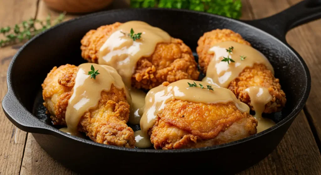 3 Irresistible Chicken and Gravy Recipes to Try Now! 2 Crispy, golden-brown southern-style chicken covered in savory gravy, served in a cast-iron skillet.