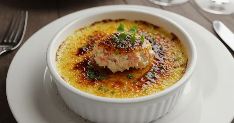 Best Crab Brulee Recipe: 3 Easy Steps to Gourmet Bliss! 6 A gourmet crab brulee in a white ramekin, topped with a golden caramelized crust and garnished with fresh herbs.
