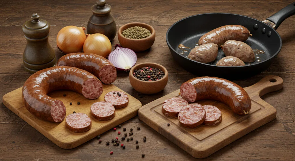 Eating Liver Pudding: 7 Amazing Benefits You Didn’t Know 2 Liver pudding sausages, sliced and being cooked in a rustic kitchen setting with onions and black peppercorns.