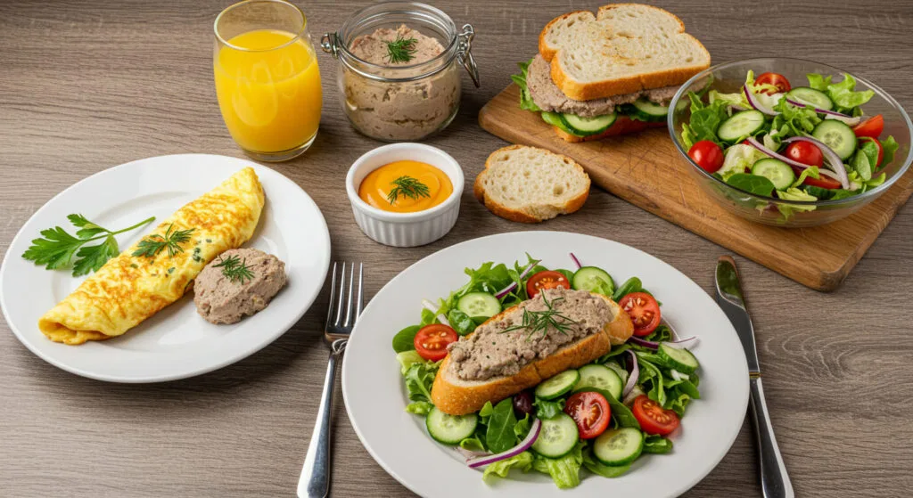 Eating Liver Pudding: 7 Amazing Benefits You Didn’t Know 4 Liver pudding in an omelet, as a sandwich filling, and as a salad topping in a modern dining setup.