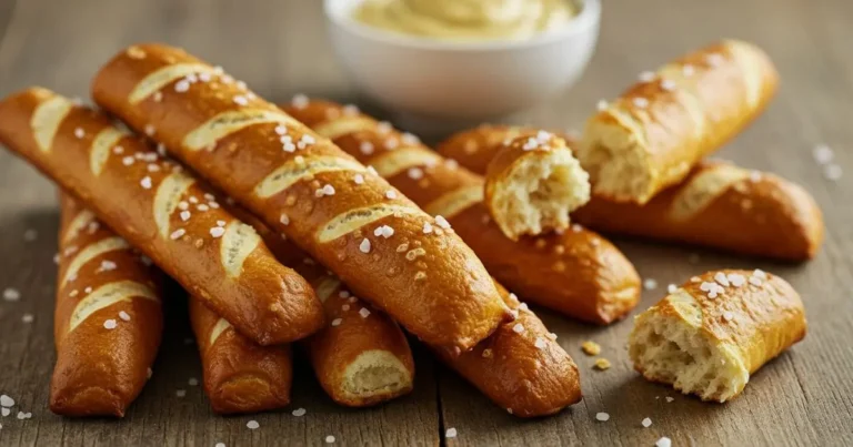 Pretzel Rods: 4 Reasons You’ll Love These Crunchy Snacks 1 Close-up of crunchy pretzel rods with sea salt and mustard dip on a rustic wooden table, showcasing their texture and flavor.