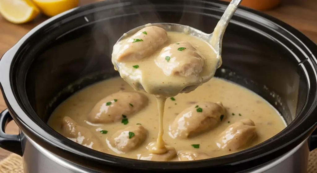 3 Irresistible Chicken and Gravy Recipes to Try Now! 3 A crockpot filled with creamy chicken and gravy, with a ladle lifting a serving, steam rising.