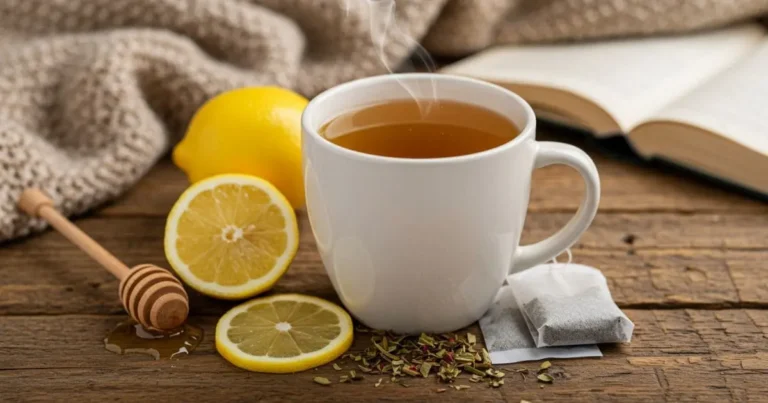 Best Starbucks Medicine Ball Recipe: 3 Easy Steps! 4 A steaming cup of Starbucks Medicine Ball tea with lemon slices and honey on a wooden table.