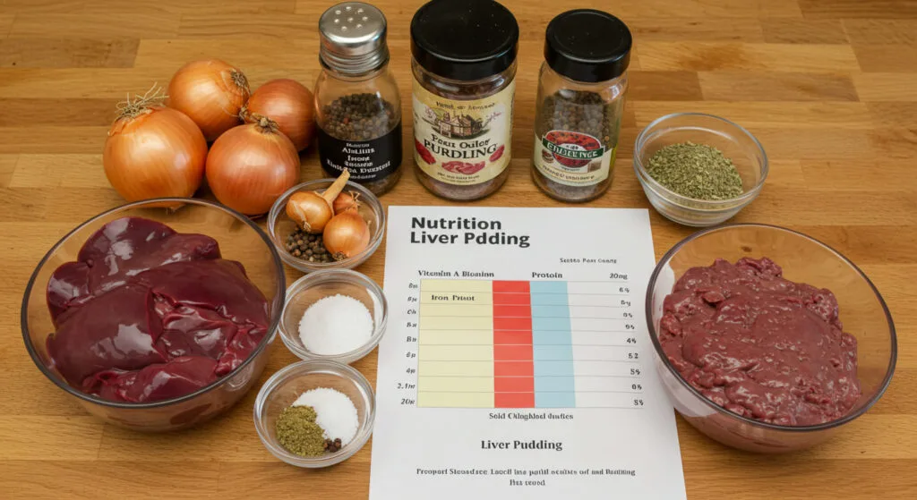 Eating Liver Pudding: 7 Amazing Benefits You Didn’t Know 3 Ingredients for liver pudding, including liver, onions, spices, and a chart showing its high levels of vitamin A, B12, iron, and protein.