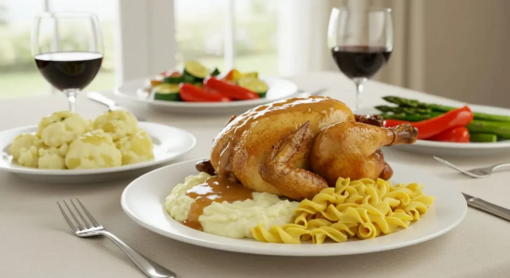 3 Irresistible Chicken and Gravy Recipes to Try Now! 4 A dinner table featuring chicken and gravy with mashed potatoes, egg noodles, and roasted vegetables.
