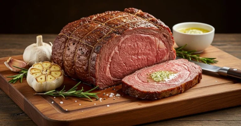 Ultimate Ribeye Roast Recipe: 3 Secrets to Rich Flavor! 5 Perfectly cooked ribeye roast with a crispy crust, resting on a wooden cutting board with garlic butter and rosemary.